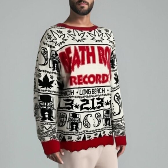 DEATHROW RECORDS Ugly Holiday Pullover All Over Print Sweatshirt Sweater S - Picture 1 of 11